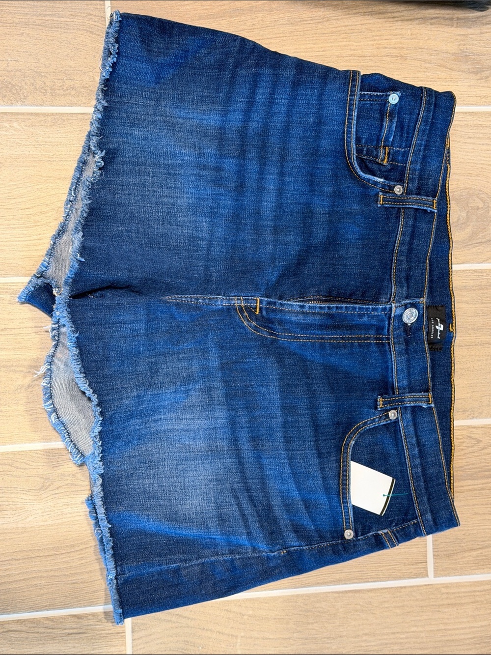 7 For All Mankind Dark Blue Frayed Hem Denim Shorts